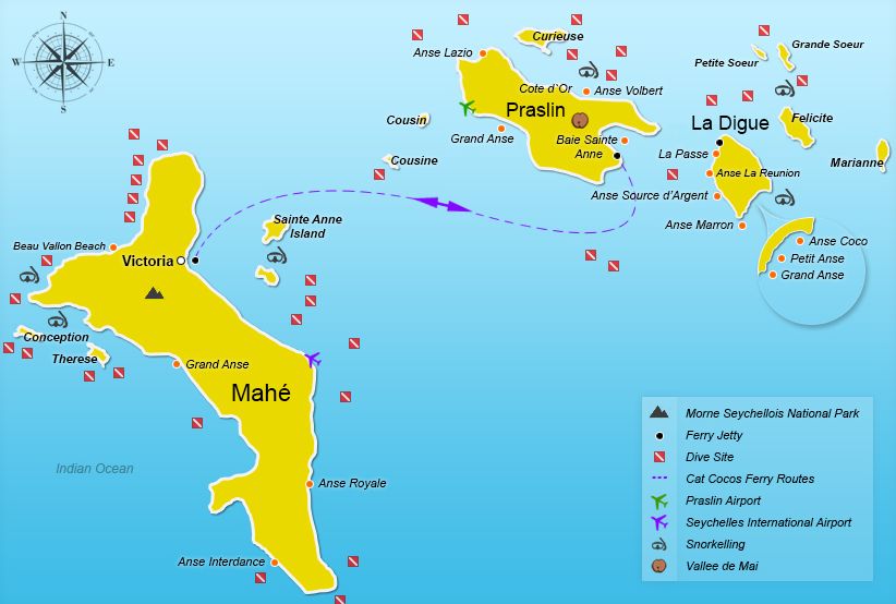 Mahe to Praslin Ferry Route Map