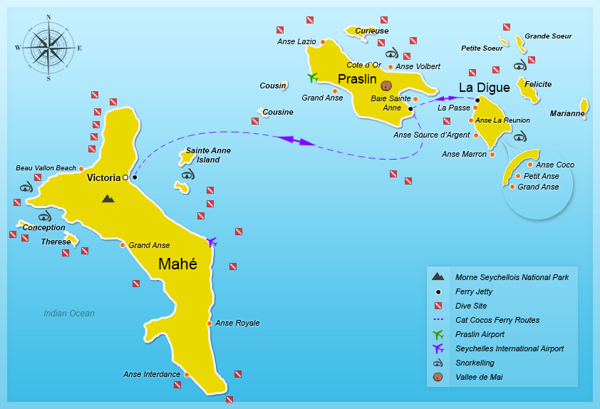 La Digue to Mahe - Cat Cocos Ferry Route Map